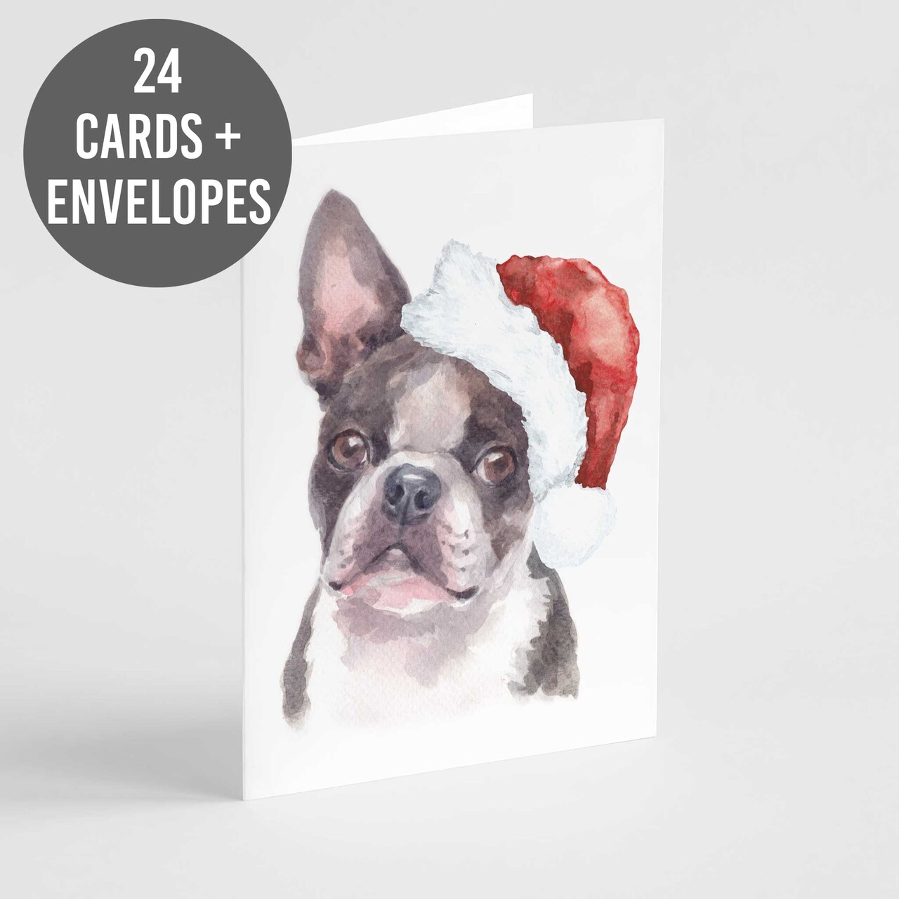 Boston Terrier Christmas Card - 24-Pack Holiday Greeting Cards Featuring Adorable Boston Terrier in Santa Hat, Perfect for Dog Lovers to Share Merry Christmas & Holiday Wishes, Blank Inside for Personalized Messages - Festive and Cute Stationery Set